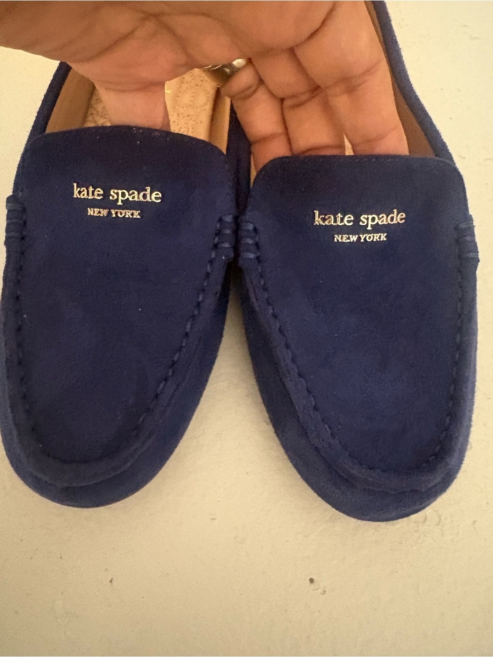 kate spade navy suede loafers with gold logo plaque - Picture 3 of 9